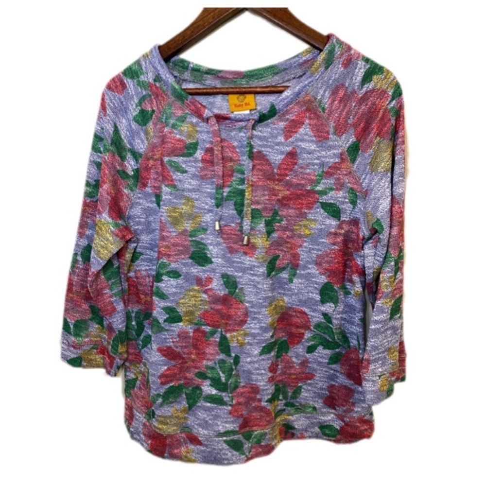 Ruby Rd Floral Knit Top Womens Medium Blue Red 3/4 Sleeve Lightweight - Picture 3 of 6